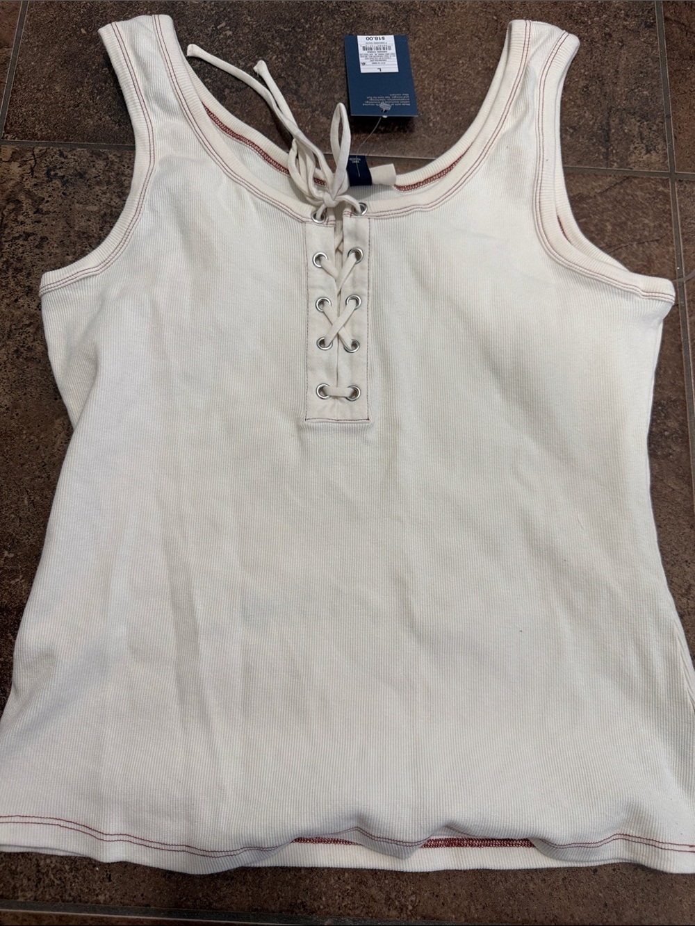 Universal Thread Cream Lace-Up Ribbed Tank with Contrast Stitching